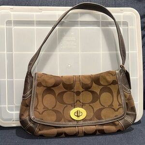 Coach Brown Signature Canvas Shoulder Bag with Gold Turnlock